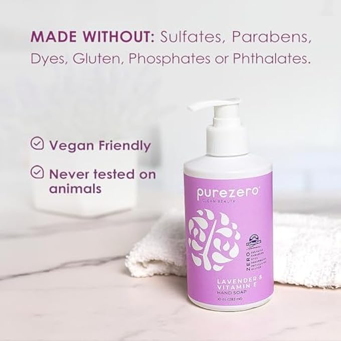 Purezero LAVENDER & VITAMIN E HAND SOAP SOOTHING & HYDRATING, PARABEN-FREE & VEGAN LIQUID HAND WASH FOR BATHROOM OR KITCHEN, USA-MADE, CRUELTY-FREE, 10 OUNCES (3 PACK) - Image 3